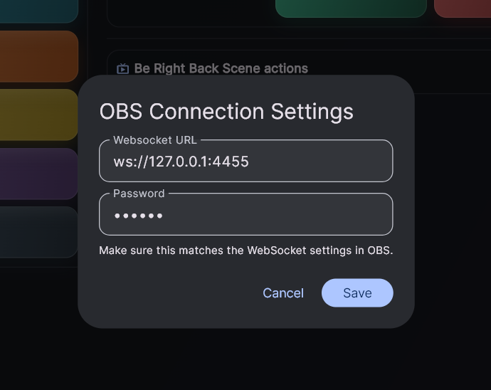 StreamCraftr connection settings panel showing a text field for the WebSocket URL (filled with ws://127.0.0.1:4455), a password field, and a teal 'Connect' button. A green status dot confirms the connection is active.