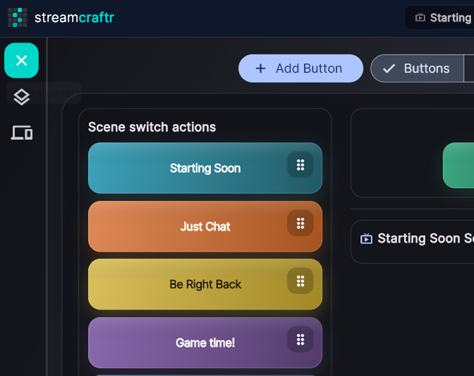 StreamCraftr button creation dialog showing a text field for the button name ('Gaming Scene'), a color swatch picker with a teal color selected, and an 'Add Action' section with a dropdown showing 'Scene Switch' selected and a list of OBS scenes to choose from.