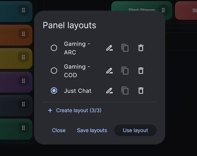 StreamCraftr main screen showing the sidebar on the left with three layouts listed ('Gaming', 'Podcast', 'Just Chatting') with 'Gaming' highlighted as the active layout. The main area shows a 2-column grid of buttons with colourful scene and overlay buttons.