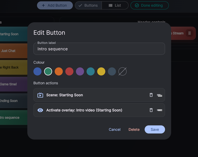 StreamCraftr macro editor showing a button called 'Intro Sequence' with three chained actions listed vertically: 1) Scene Switch to 'Starting Soon', 2) Show Source 'Intro Video' with a 'Wait for media to finish' toggle enabled, 3) Scene Switch to 'Main Camera'. A running queue progress indicator is shown at the bottom.