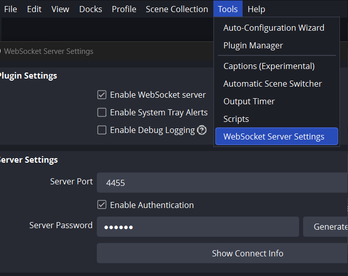 OBS Studio Tools menu open, showing 'WebSocket Server Settings' option highlighted. The WebSocket Server Settings dialog is open with 'Enable WebSocket server' checked, port set to 4455, and a password field filled in.