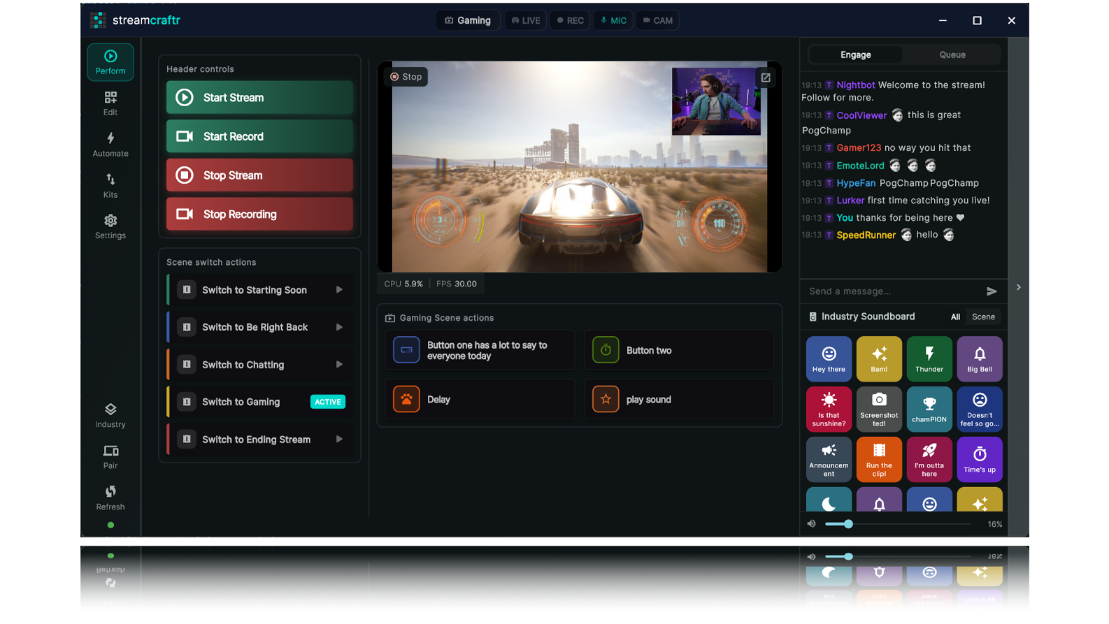 stream-craftr-obs-main-screenshot stream craftr for obs main screenshot showing perform screen