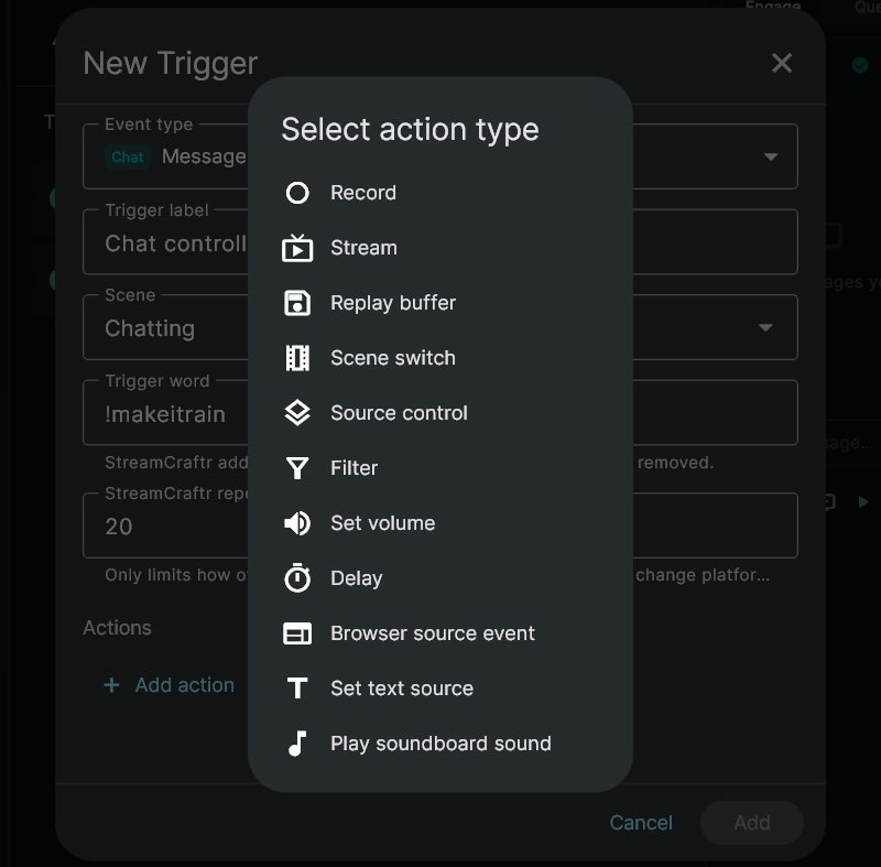 Chat trigger interface showing all trigger actions