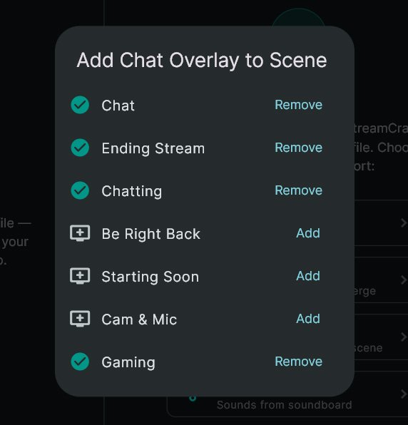 Screen shot of Add Chat Overlay to Scene popup